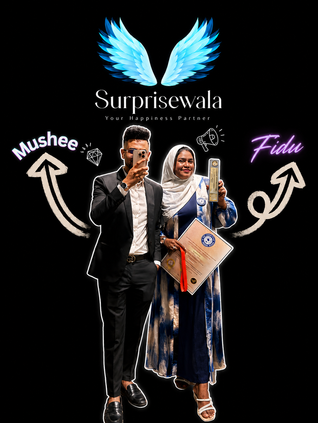 Surprisewala founders Mushee and Fidu with Your Happiness Partner branding